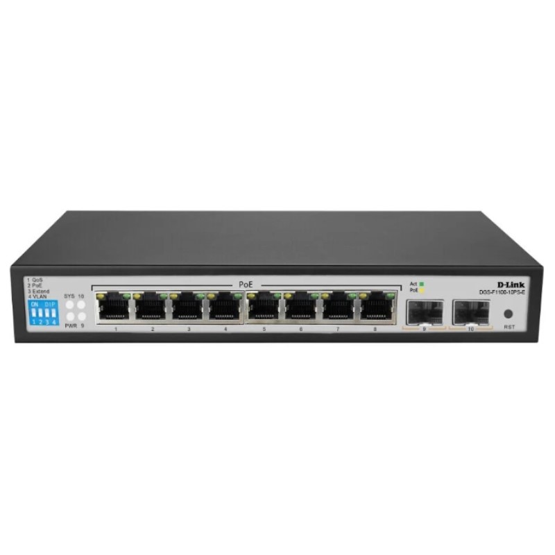 10-port Gigabit Long Range 250m PoE+ Yönetilebilir Switch with 8 PoE Ports, 2xSFP ports, 96W PoE